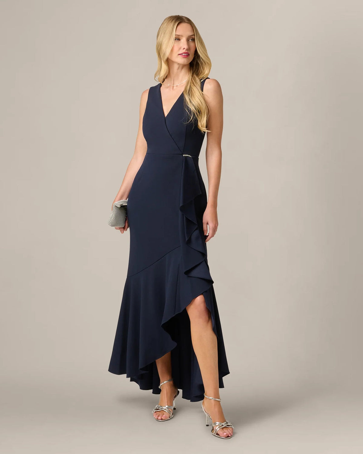 Midnight blue V-neck mermaid maxi dress with ruffle side drape and spaghetti straps