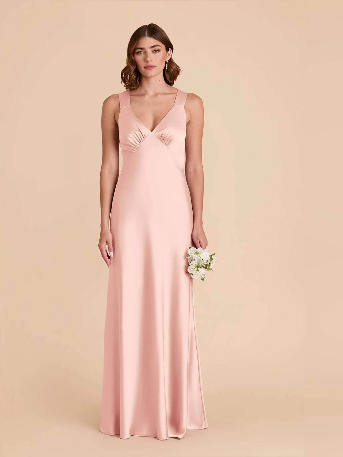 Blush pink satin ruched V-neck A-line maxi bridesmaid dress, sleeveless, side view