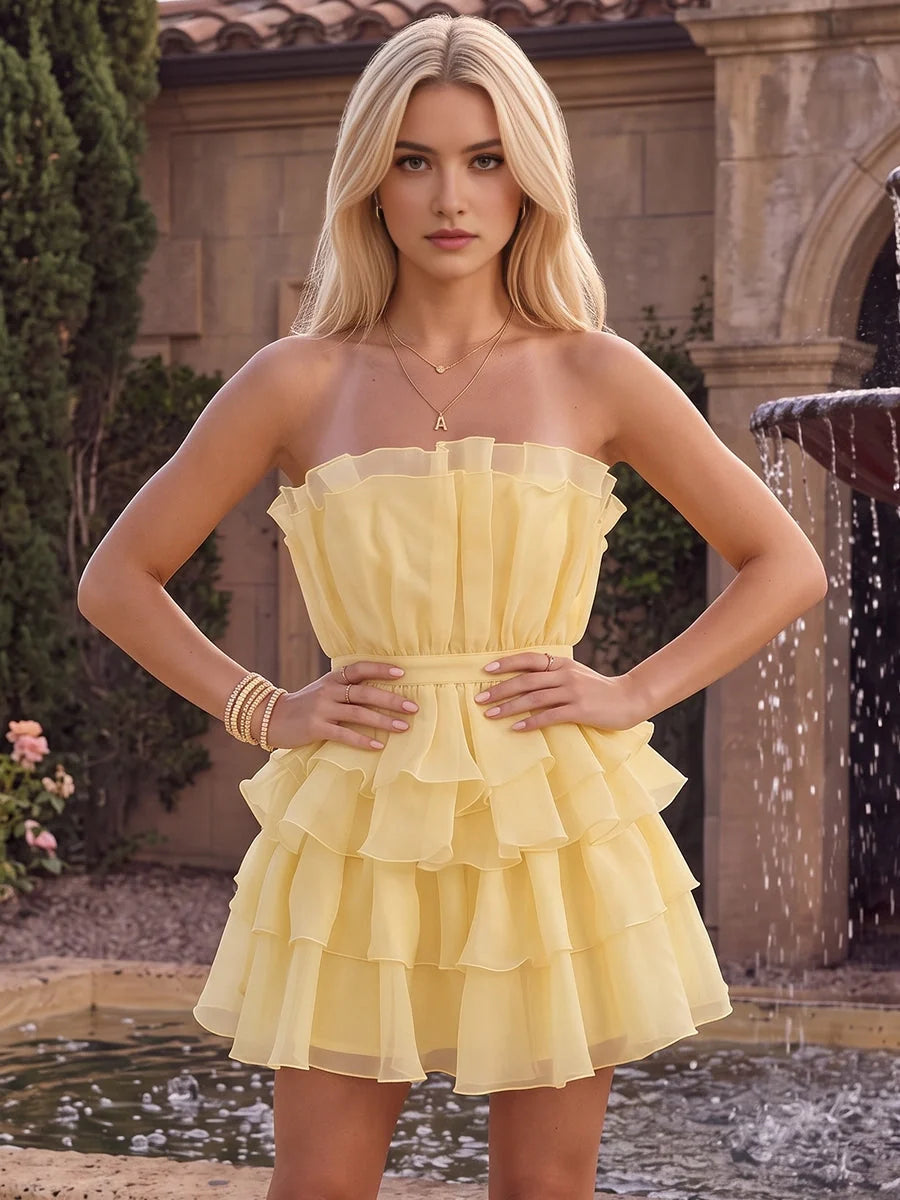 Lemon strapless mini A-line chiffon dress with tiered ruffled skirt