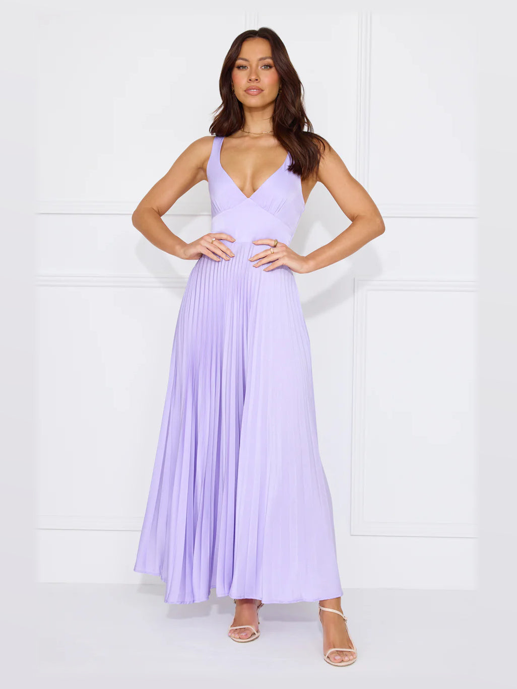 Lilac midi formal dress, front full-length view showing the neckline