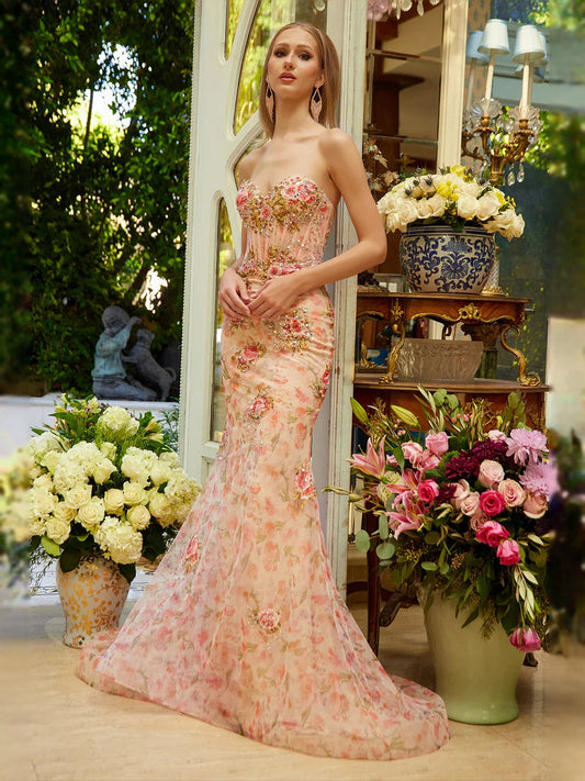 Peach floral sweetheart mermaid prom dress with fitted bodice and flared skirt