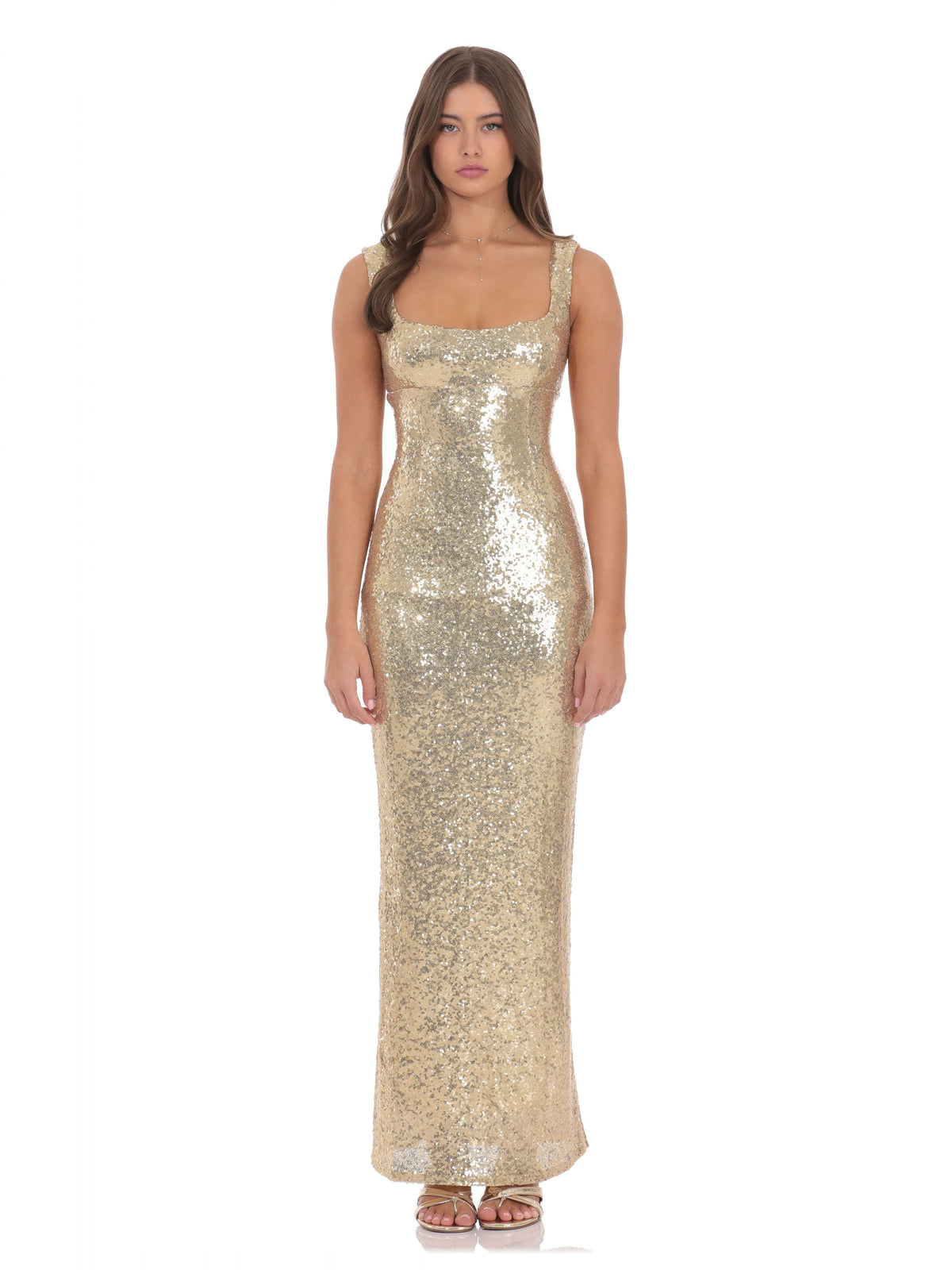 Gold bridesmaid dress with a-line silhouette and maxi length