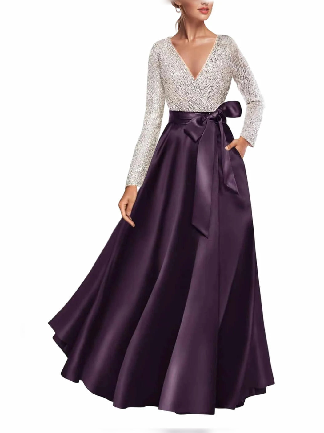 Eggplant A-line formal dress with V-neck sequin bodice, long sleeves, satin skirt, waist bow.