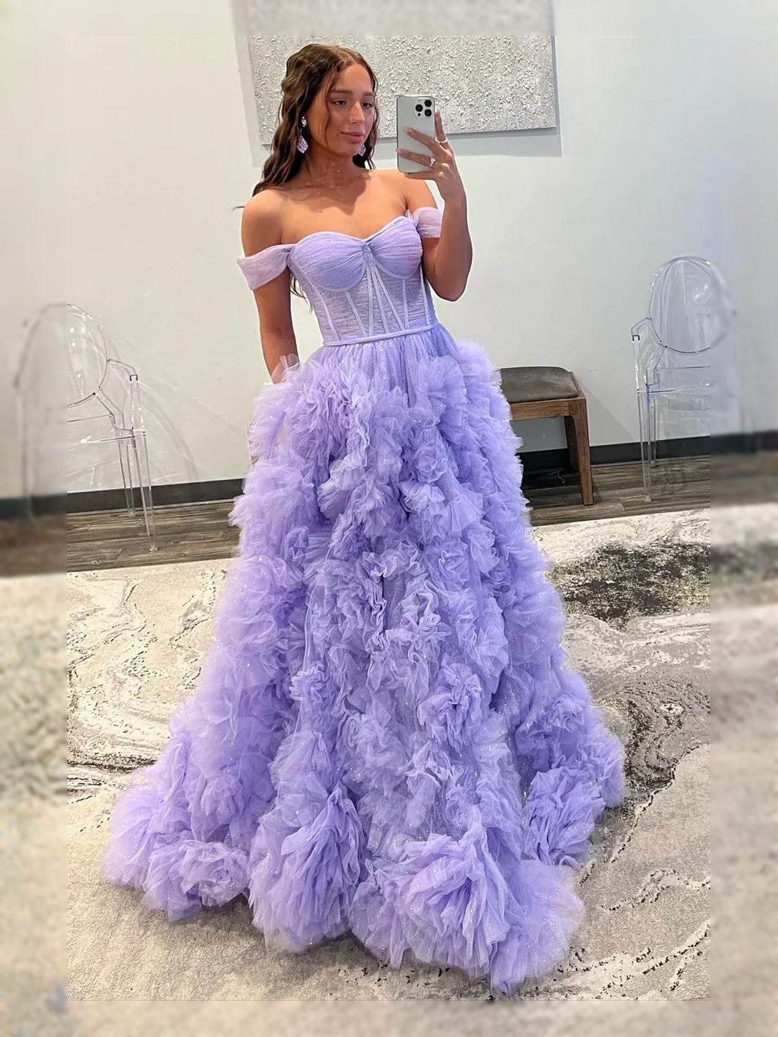Lavender off-shoulder sweetheart corset maxi dress with ruffled tiered tulle skirt