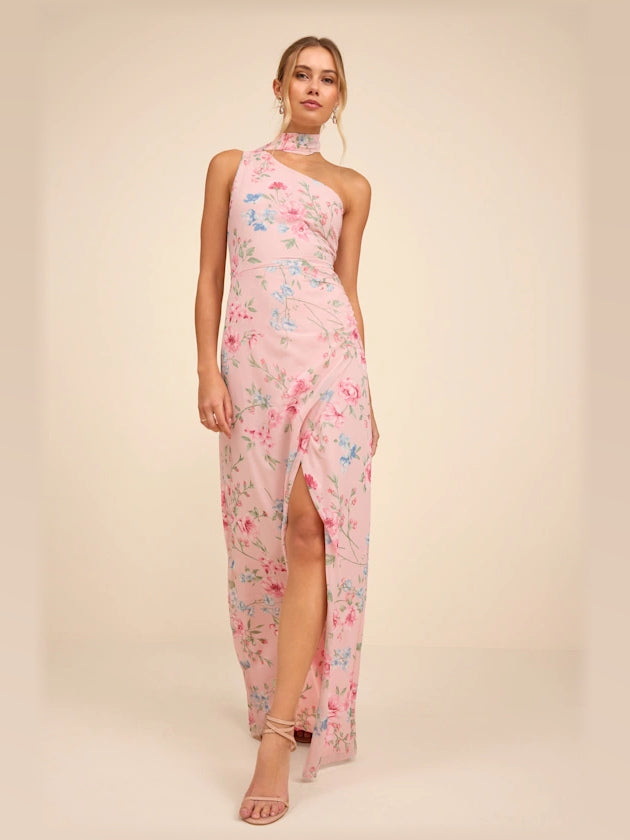 Light Pink Floral formal dress with a-line silhouette and maxi length