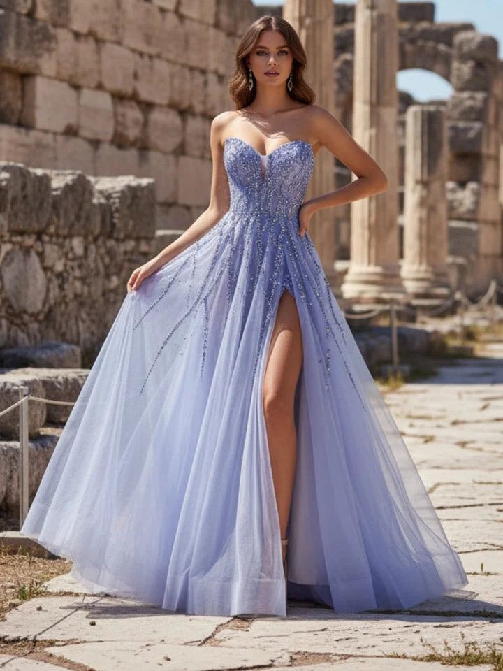 Lilac beaded sweetheart corset A-line maxi tulle prom dress with side slit