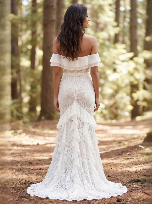 Ivory off-shoulder lace mermaid wedding dress with ruffle trim and front slit