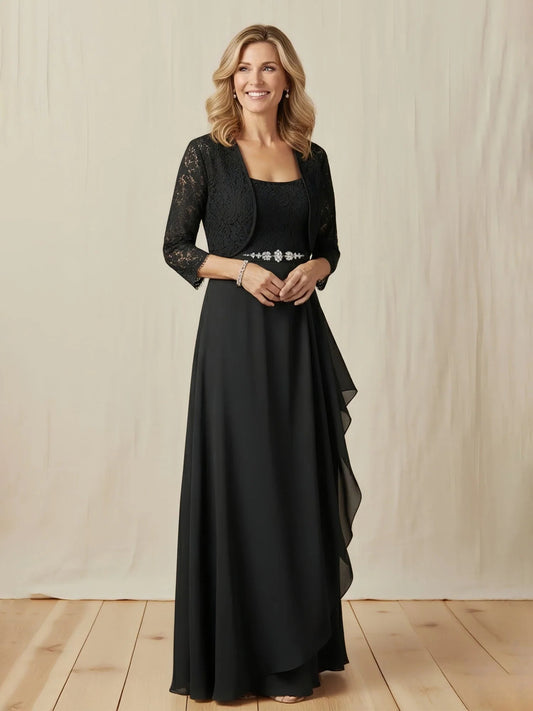 Black A-line mother-of-the-bride dress with scoop neck, 3/4 lace sleeves, beaded waist
