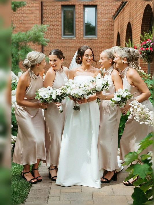 Champagne satin A-line bridesmaid dress with high neckline and tea-length hem