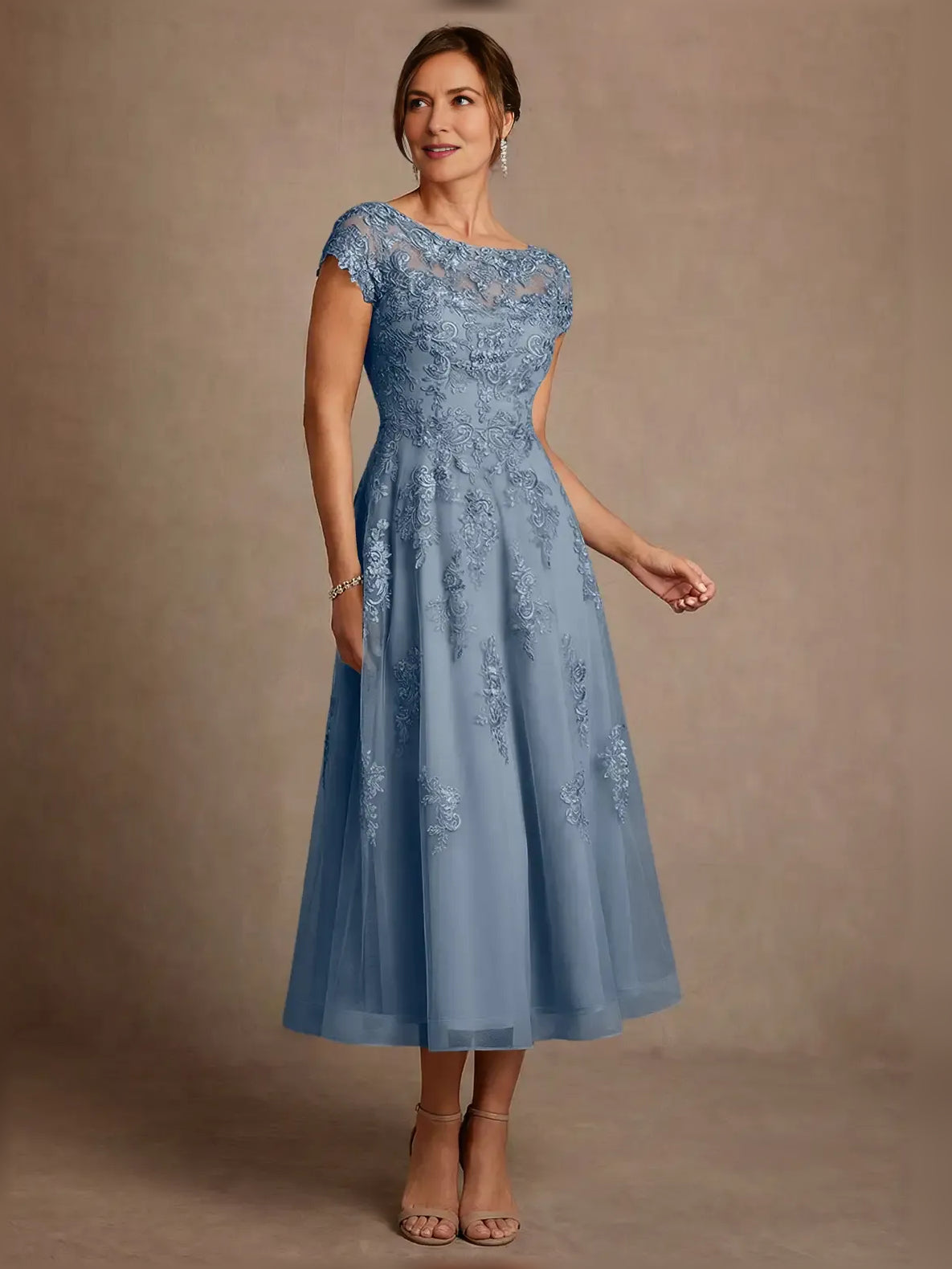 Embroidered illusion-neck A-line midi dress in slate blue, cap sleeves, fitted bodice
