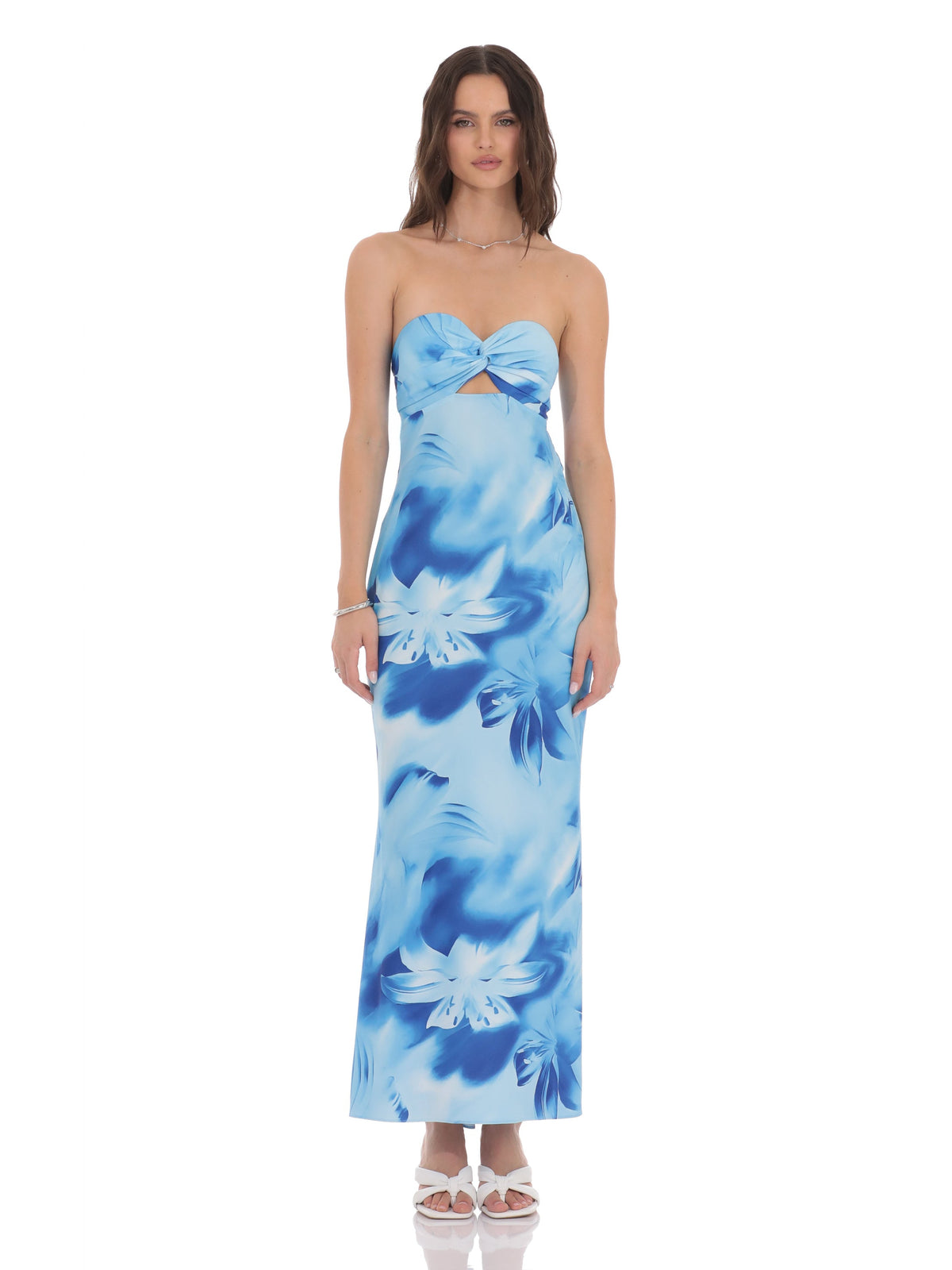 Blue bridesmaid dress with a-line silhouette and maxi length