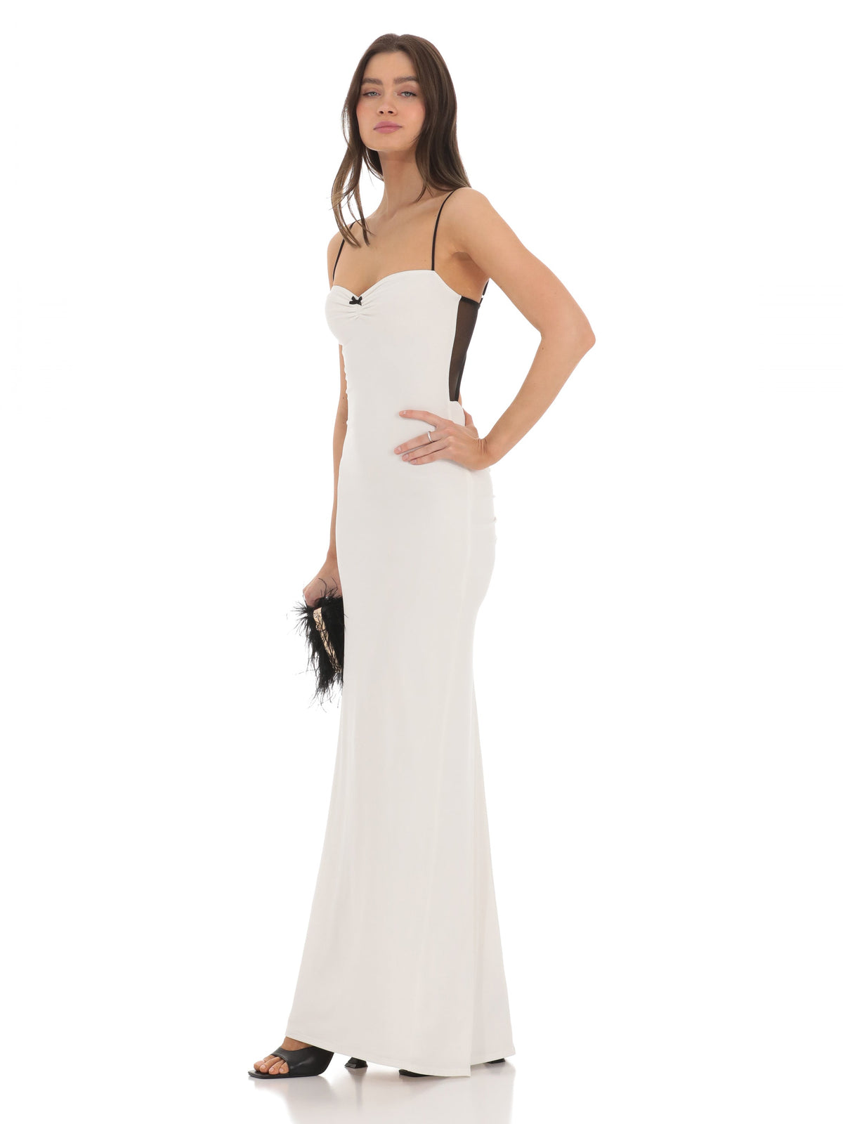 White bridesmaid dress with a-line silhouette and maxi length