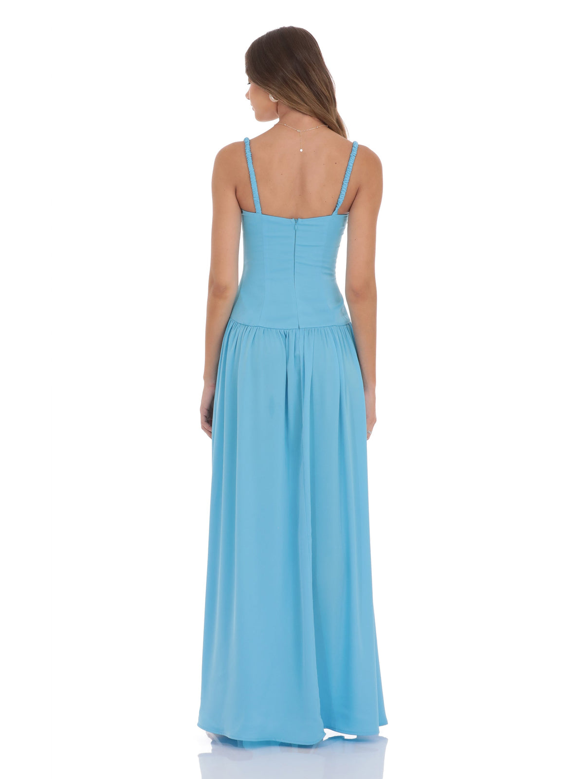 Aqua Blue bridesmaid dress with a-line silhouette and maxi length
