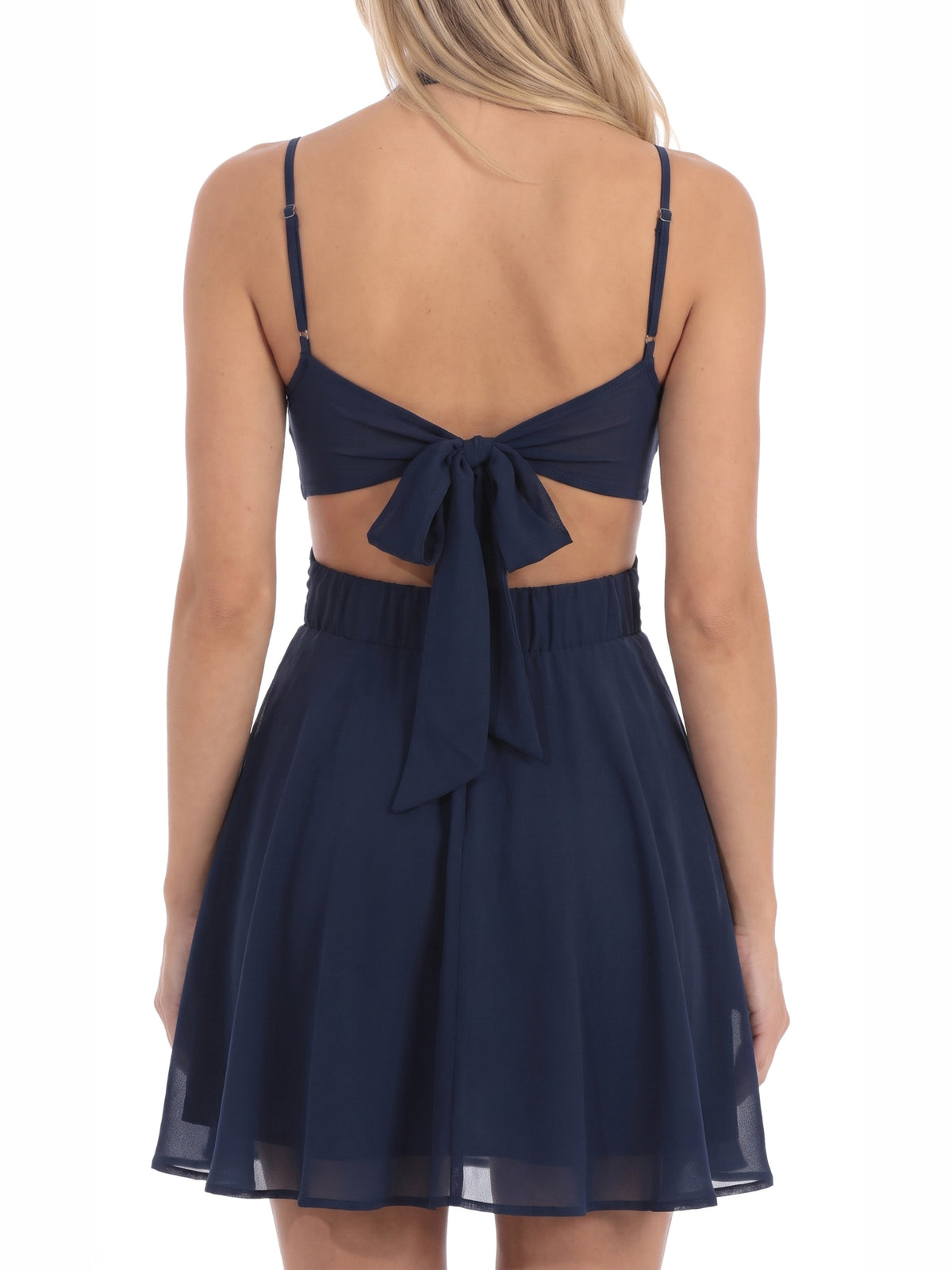 Navy homecoming dress with fit-and-flare silhouette and maxi length
