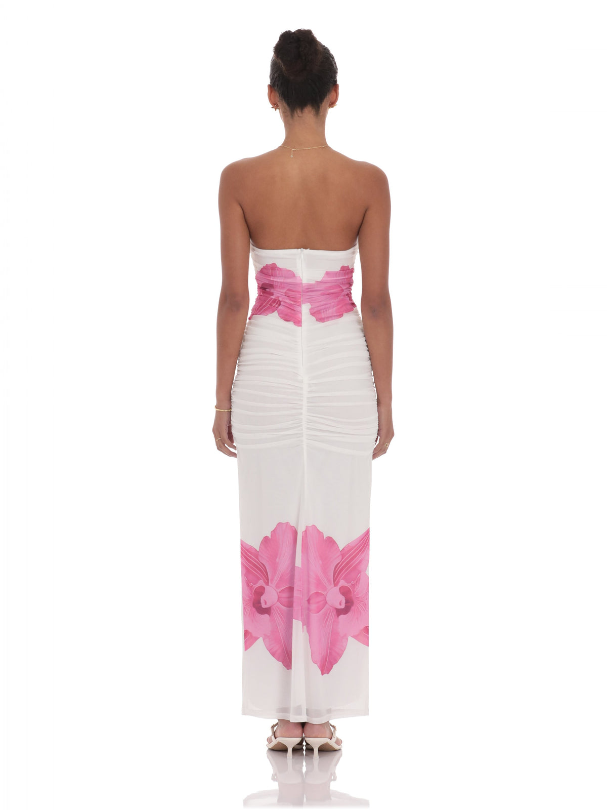 White bridesmaid dress with bodycon silhouette and maxi length