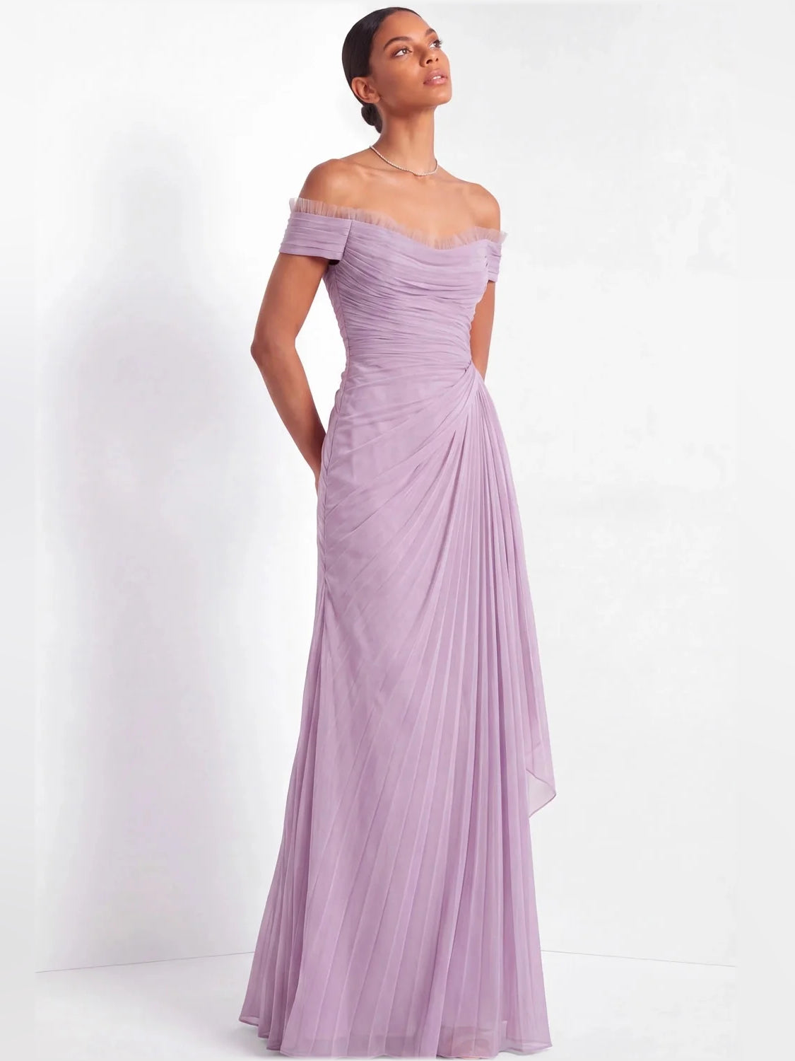 Lilac off-shoulder chiffon maxi dress with ruched bodice and pleated skirt