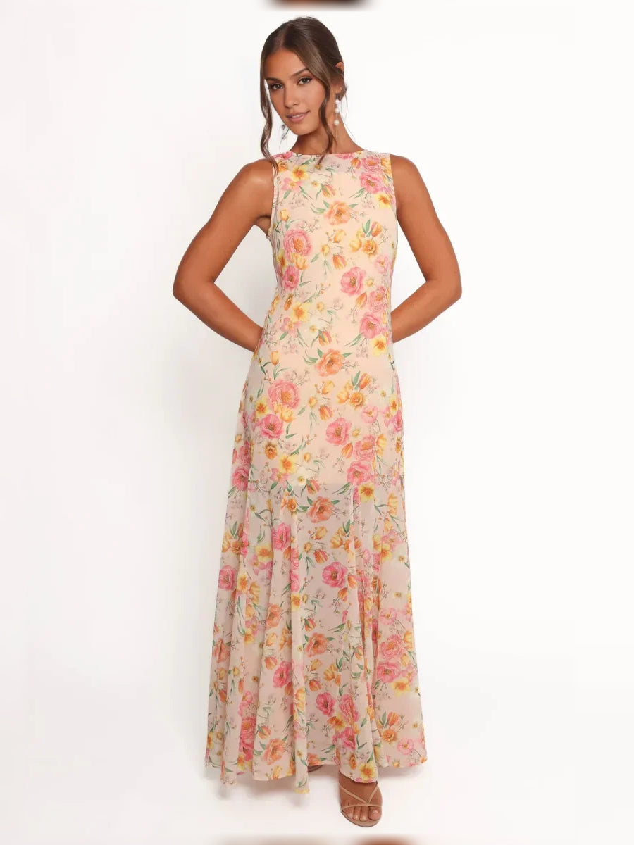 Floral A-line chiffon formal dress, sleeveless round neckline, blush floral print