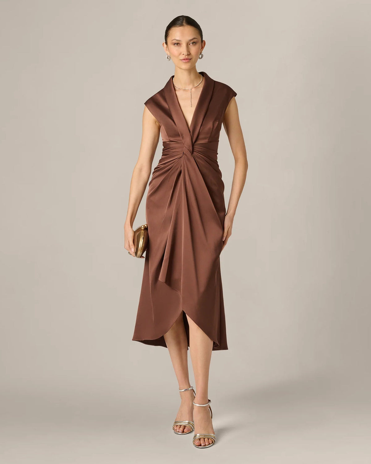 Espresso-brown A-line midi dress, sleeveless V-neck, draped waist knot detail
