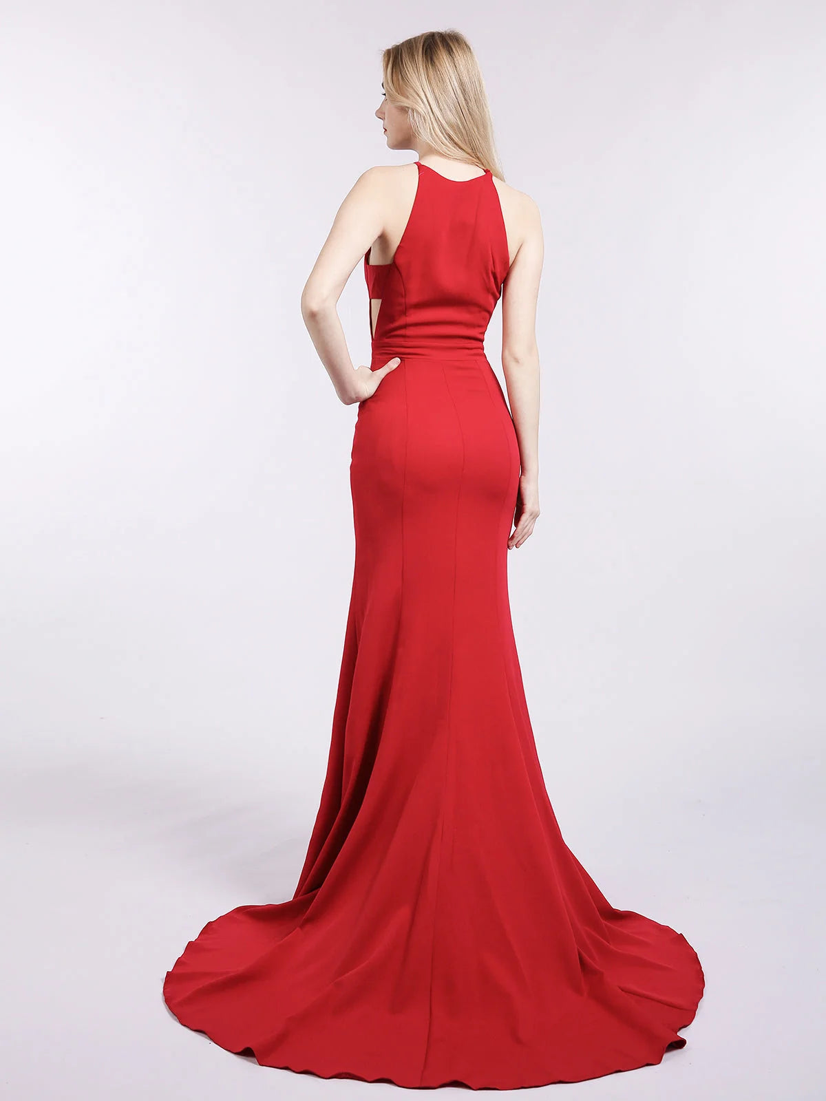 Red satin mermaid maxi prom dress with high neckline and open back