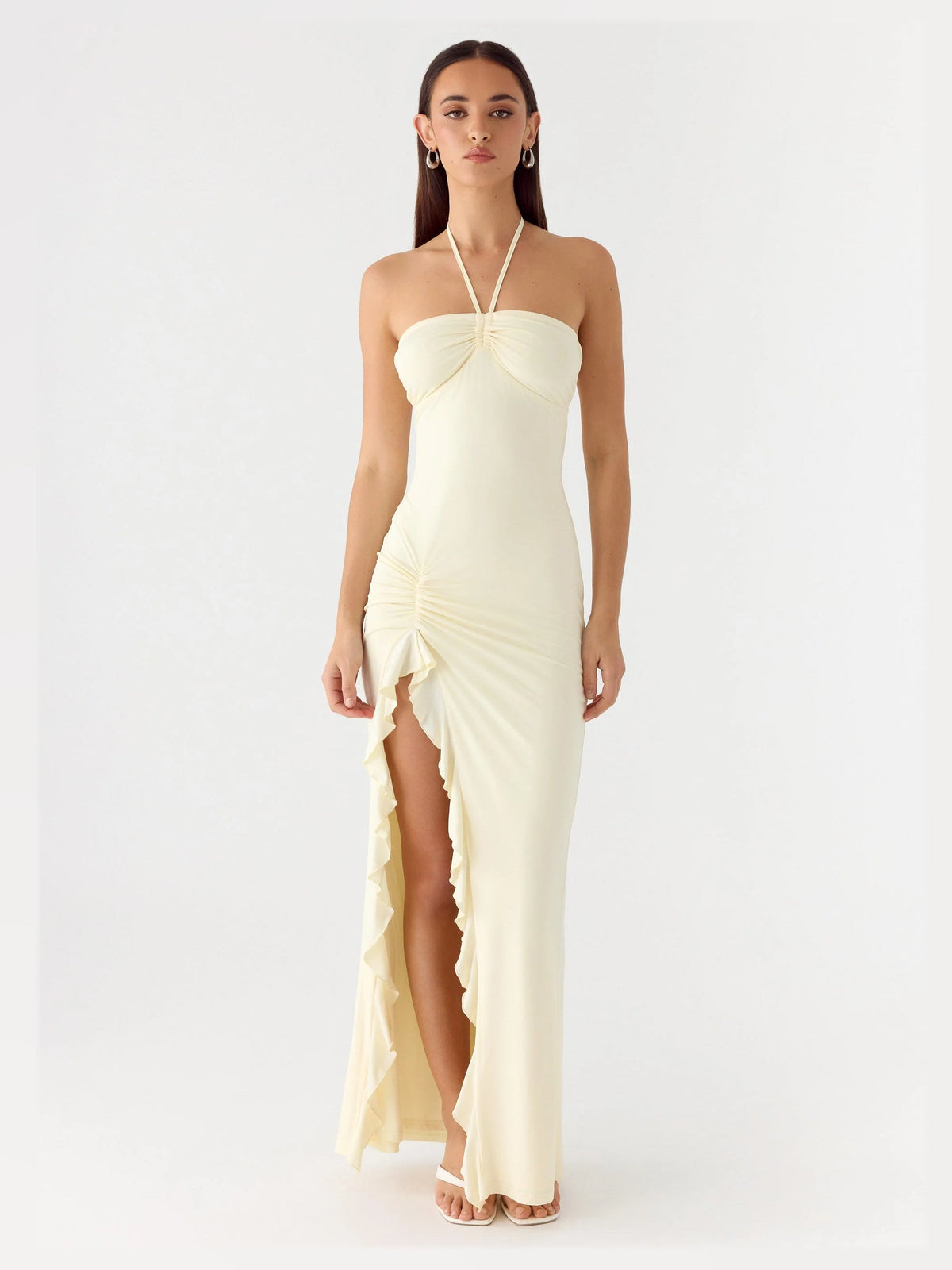 Lemon Yellow maxi formal dress, front full-length view showing the neckline