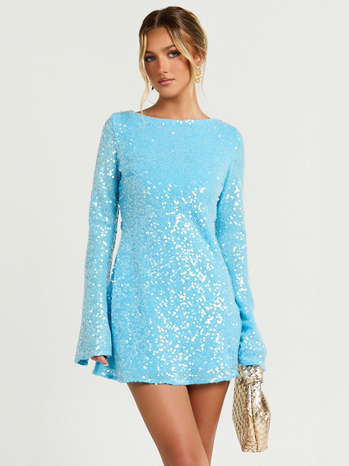 Blue sequin scoop-neck mini dress with long sleeves