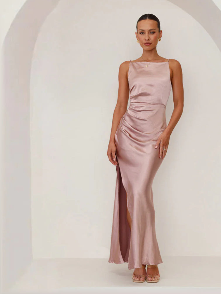 Pink maxi formal dress, front full-length view showing the neckline