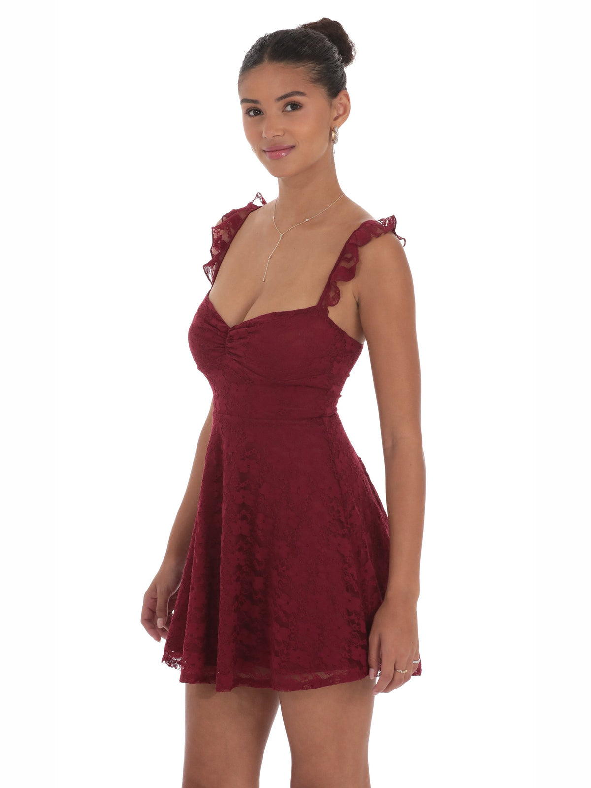 Burgundy homecoming dress with a-line silhouette and maxi length