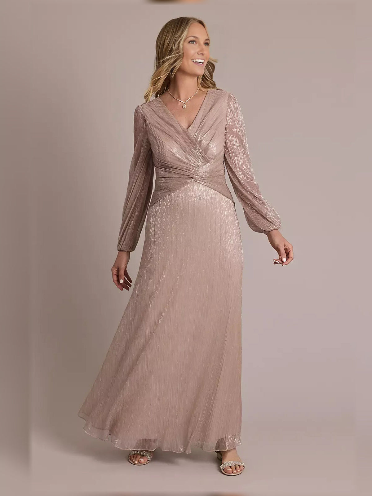 Rose gold V-neck A-line floor-length dress, wrap bodice, long sheer sleeves