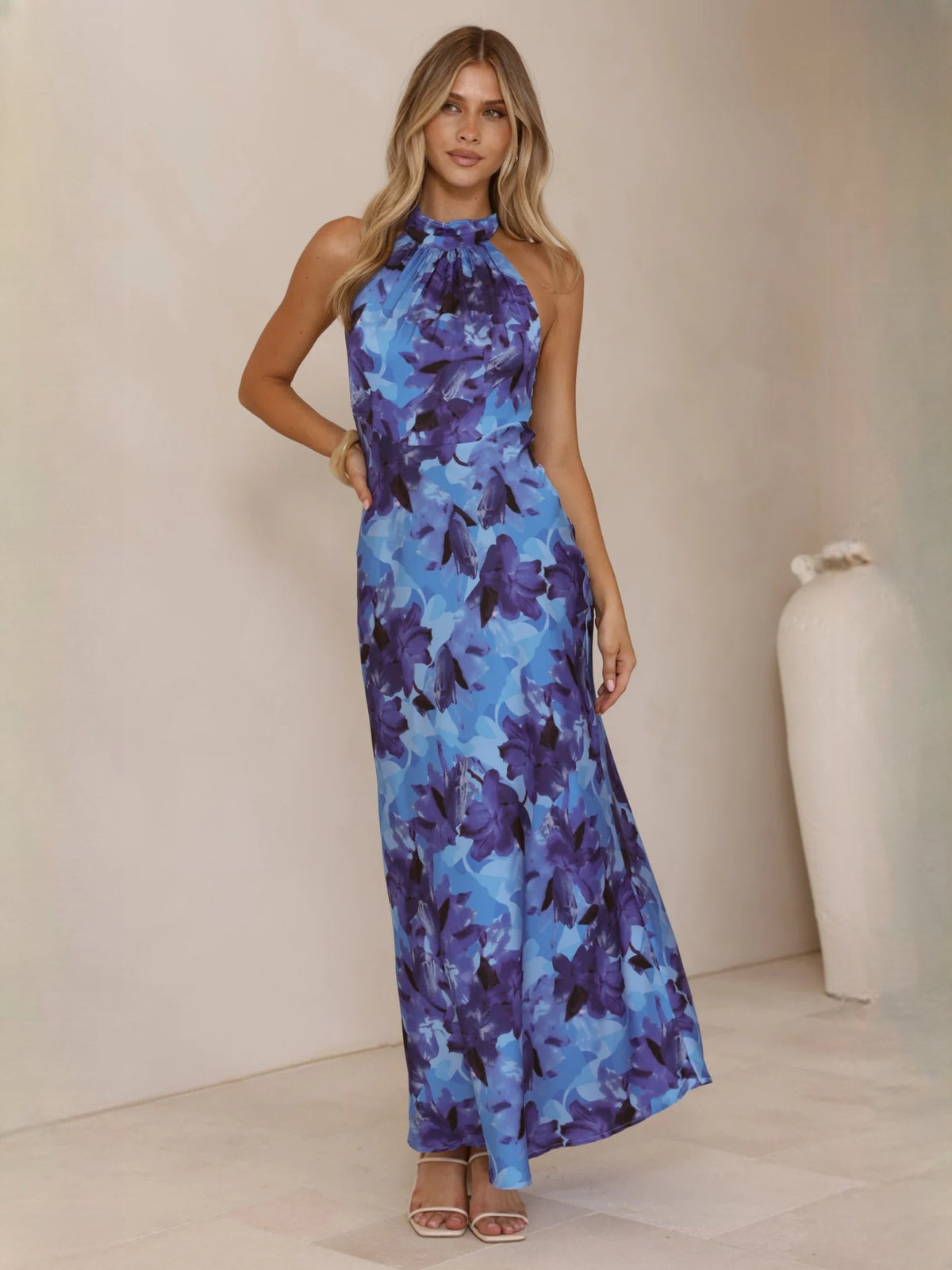 Blue Floral sheath maxi formal dress with halter neckline, full-length front view