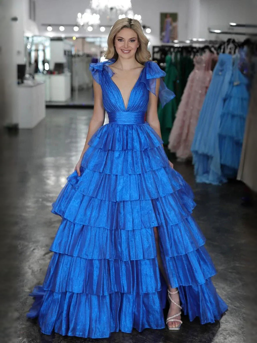 Royal blue tiered ruffle V-neck A-line maxi tulle prom dress, sleeveless with shoulder ties