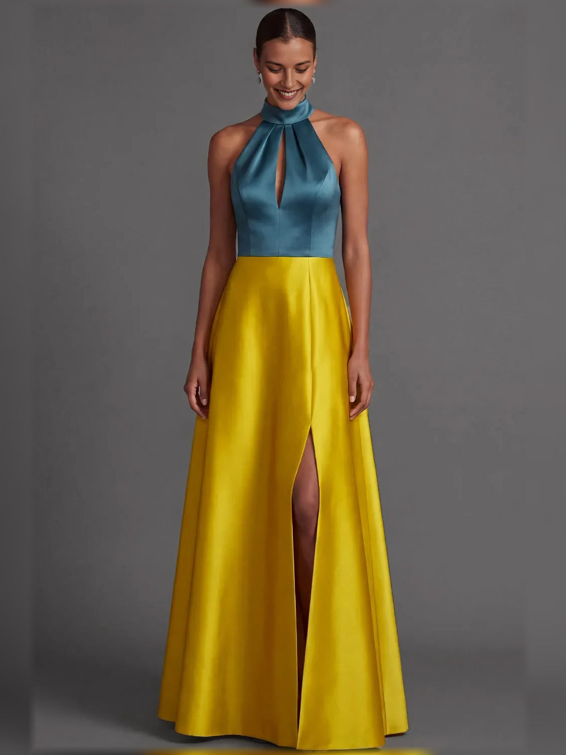 Two-tone halter neck formal dress with open back, high slit, floor-length