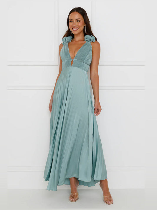 Sage midi formal dress, full-length front view