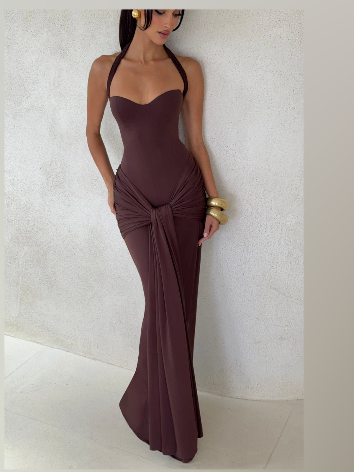 Brown formal dress with a-line silhouette and maxi length