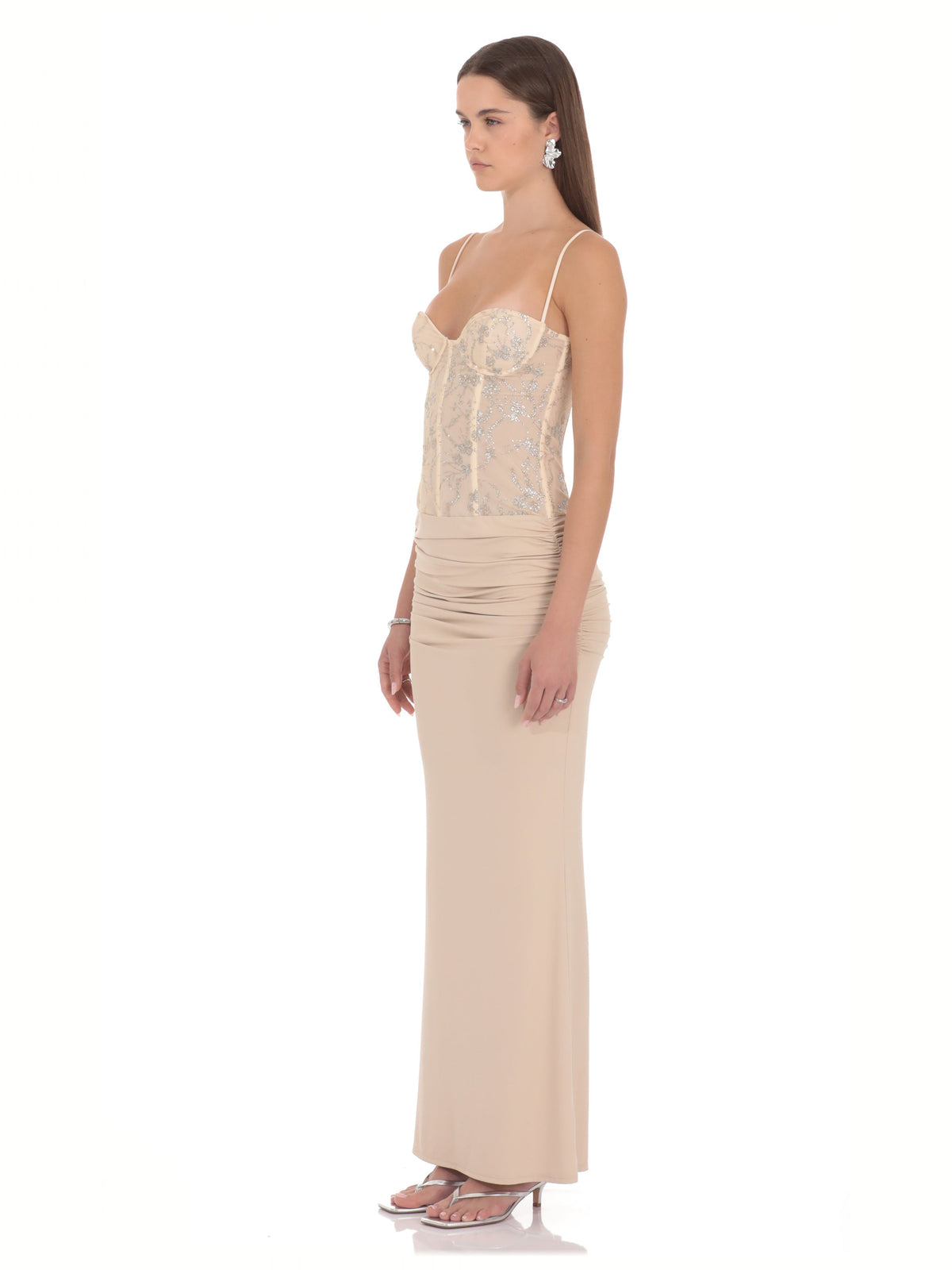 Champagne bridesmaid dress with a-line silhouette and maxi length