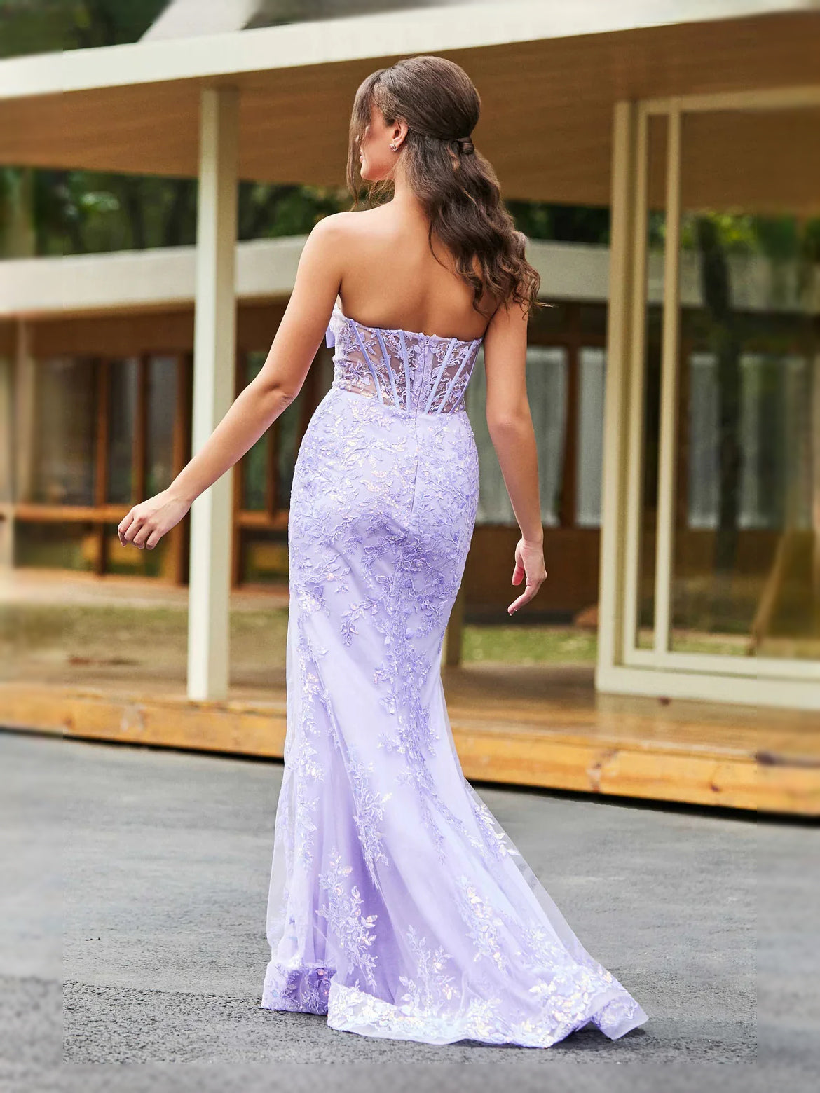 Lilac strapless mermaid prom dress in lace fabric, floor length, corset-style back