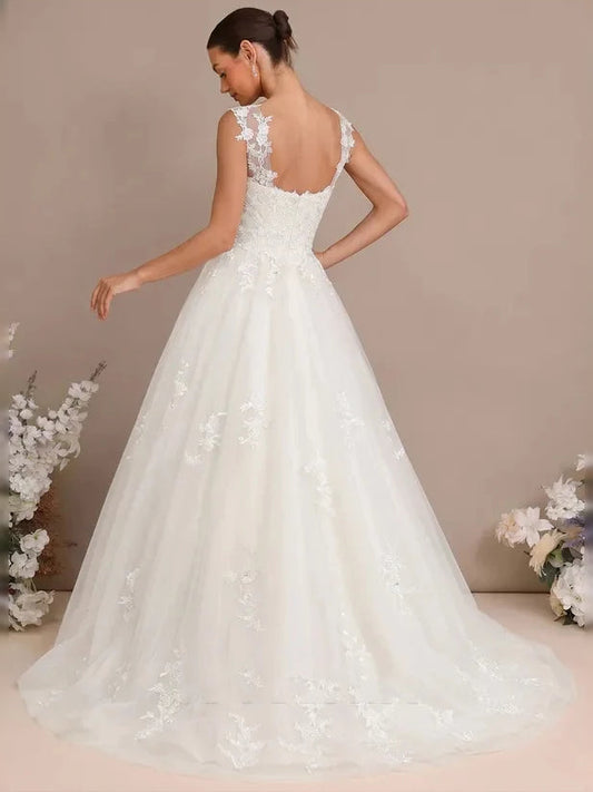 Ivory lace tulle mini wedding dress, V-neck backless design with floral appliques