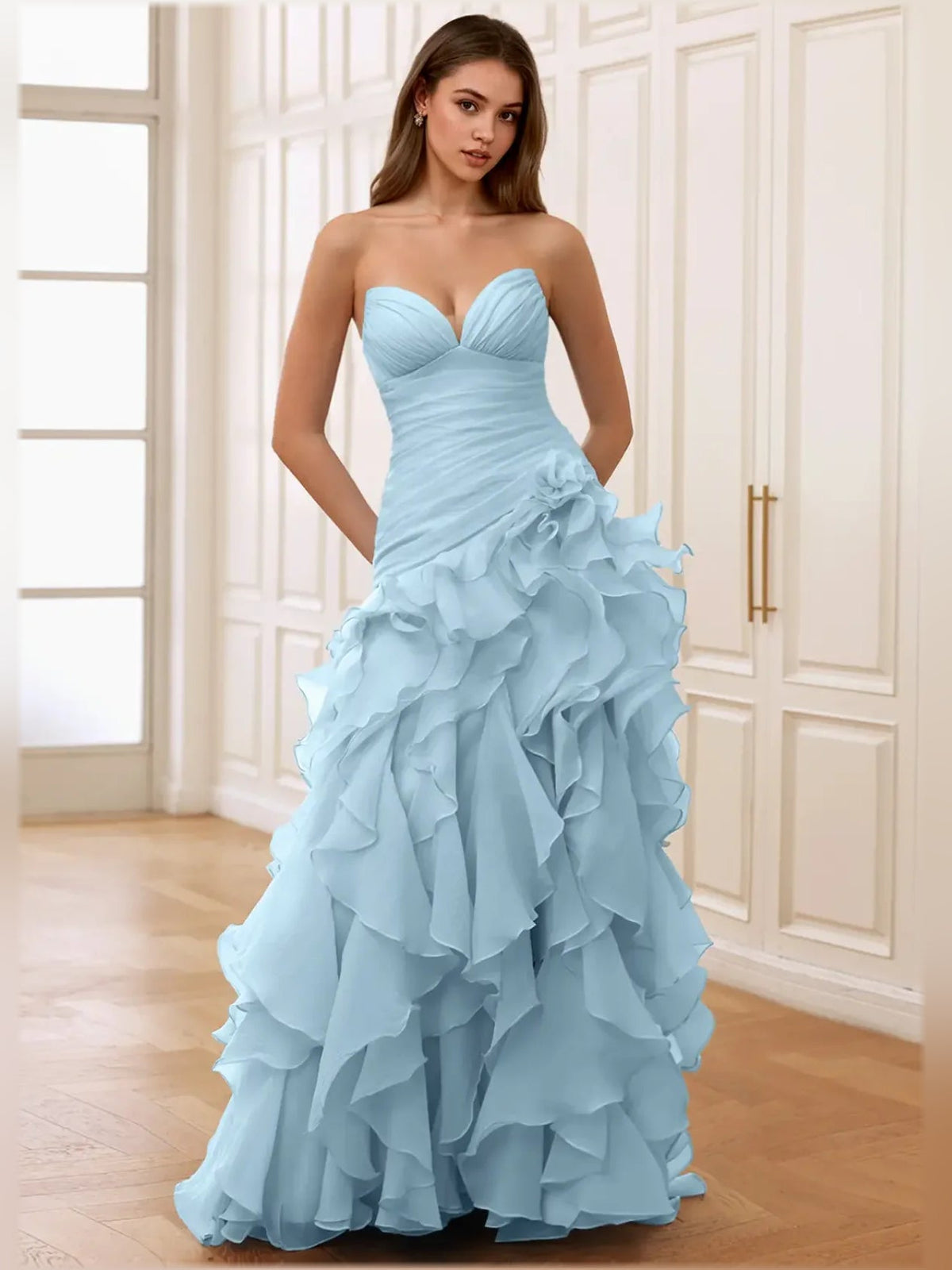 Sky-blue strapless formal dress with ruffled tiered skirt and side slit