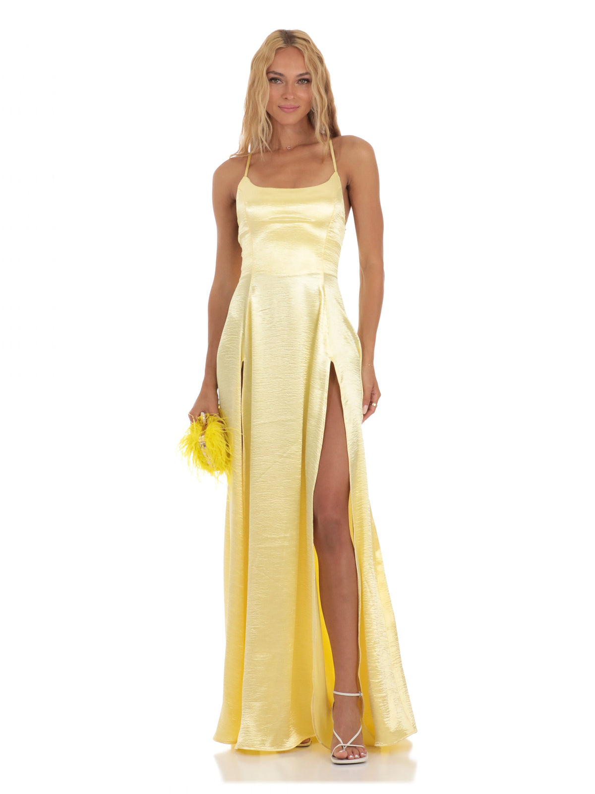 Yellow bridesmaid dress with a-line silhouette and maxi length