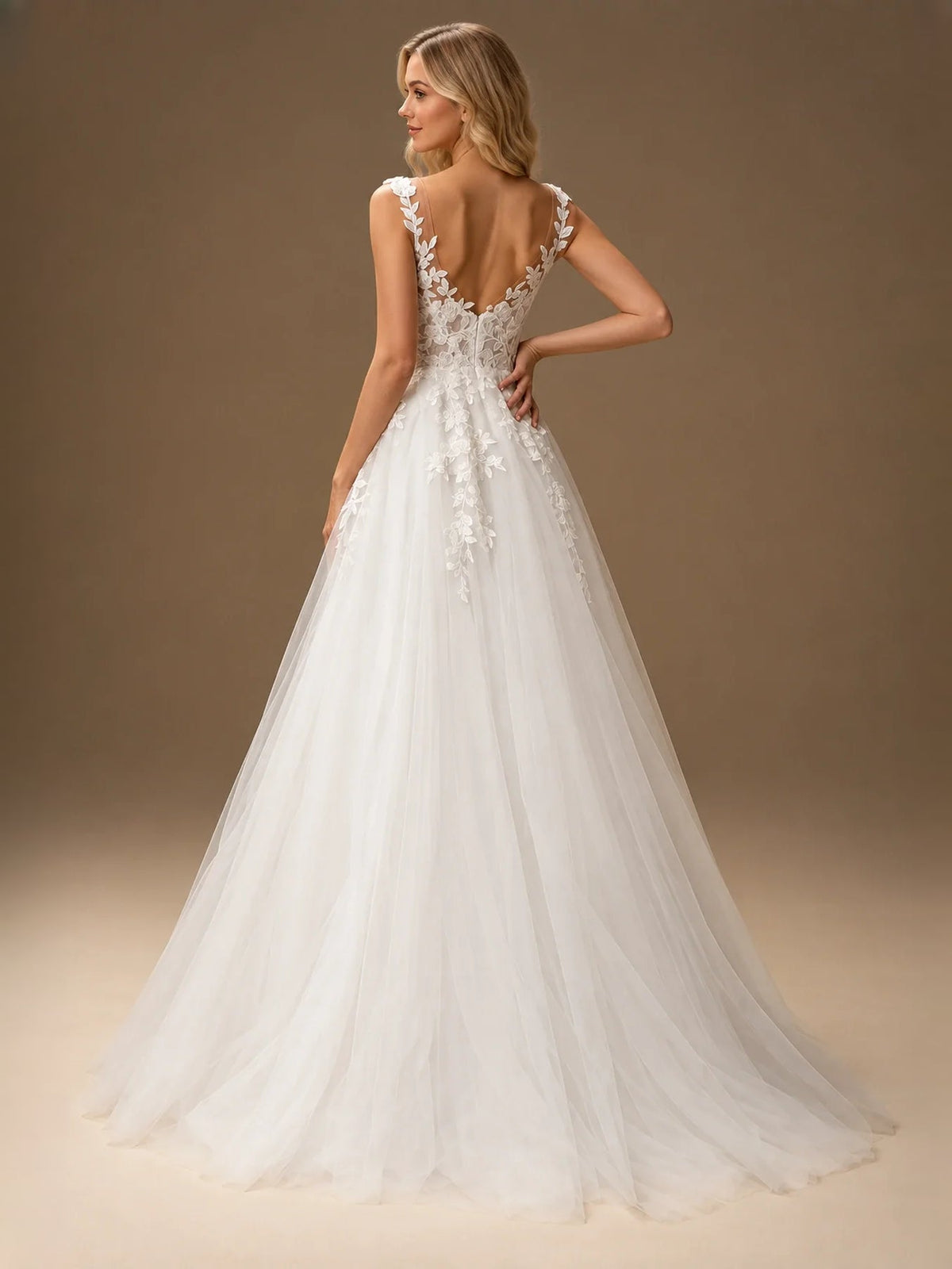 Ivory A-line wedding dress with floral lace back, sleeveless V-neck