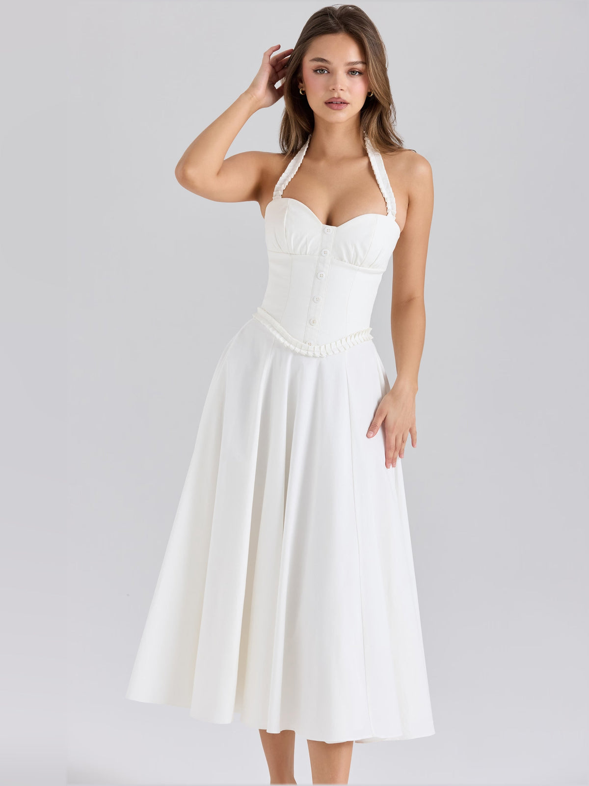 White halter-neck midi formal dress with ruched bodice and pleated skirt
