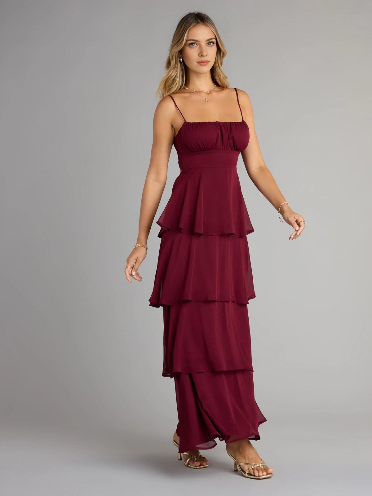 Wine chiffon prom dress with square neck and tiered ruffle A-line skirt