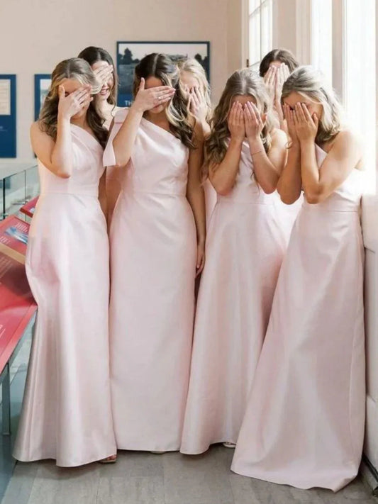 One-shoulder A-line satin bridesmaid dress, blush pink, floor-length with stretch fit