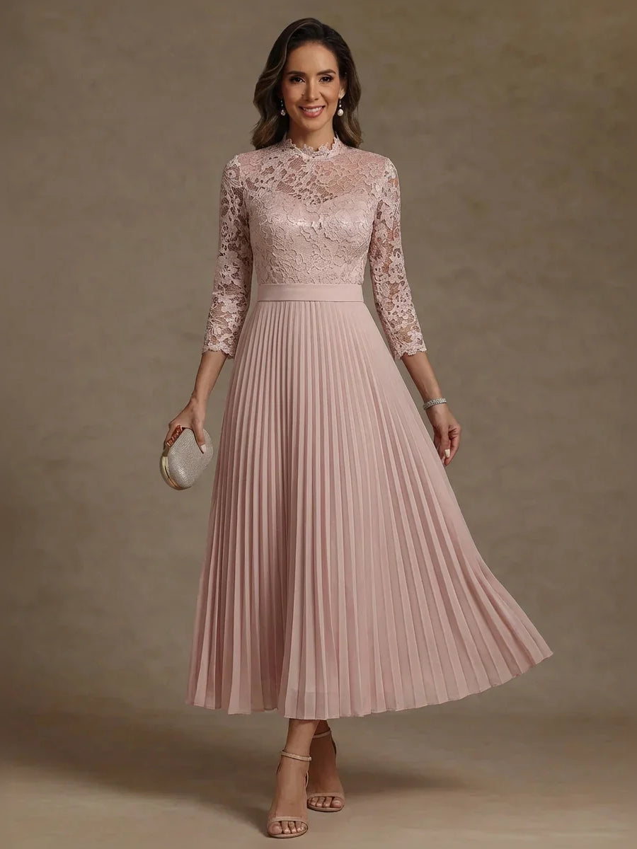 Light pink pleated high-neck chiffon dress with lace long sleeves, tea-length