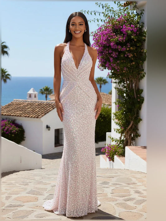 Blush sequin halter neck formal dress with ruched bodice, floor-length