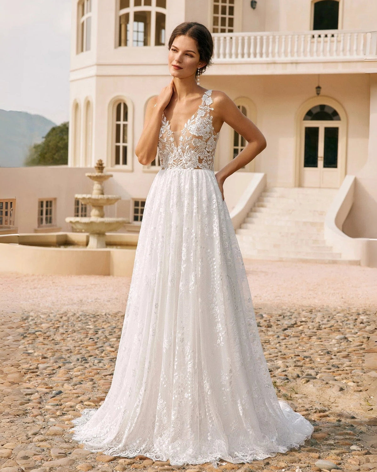 plunging v-neck lace embroidered a-line wedding dress - image 2