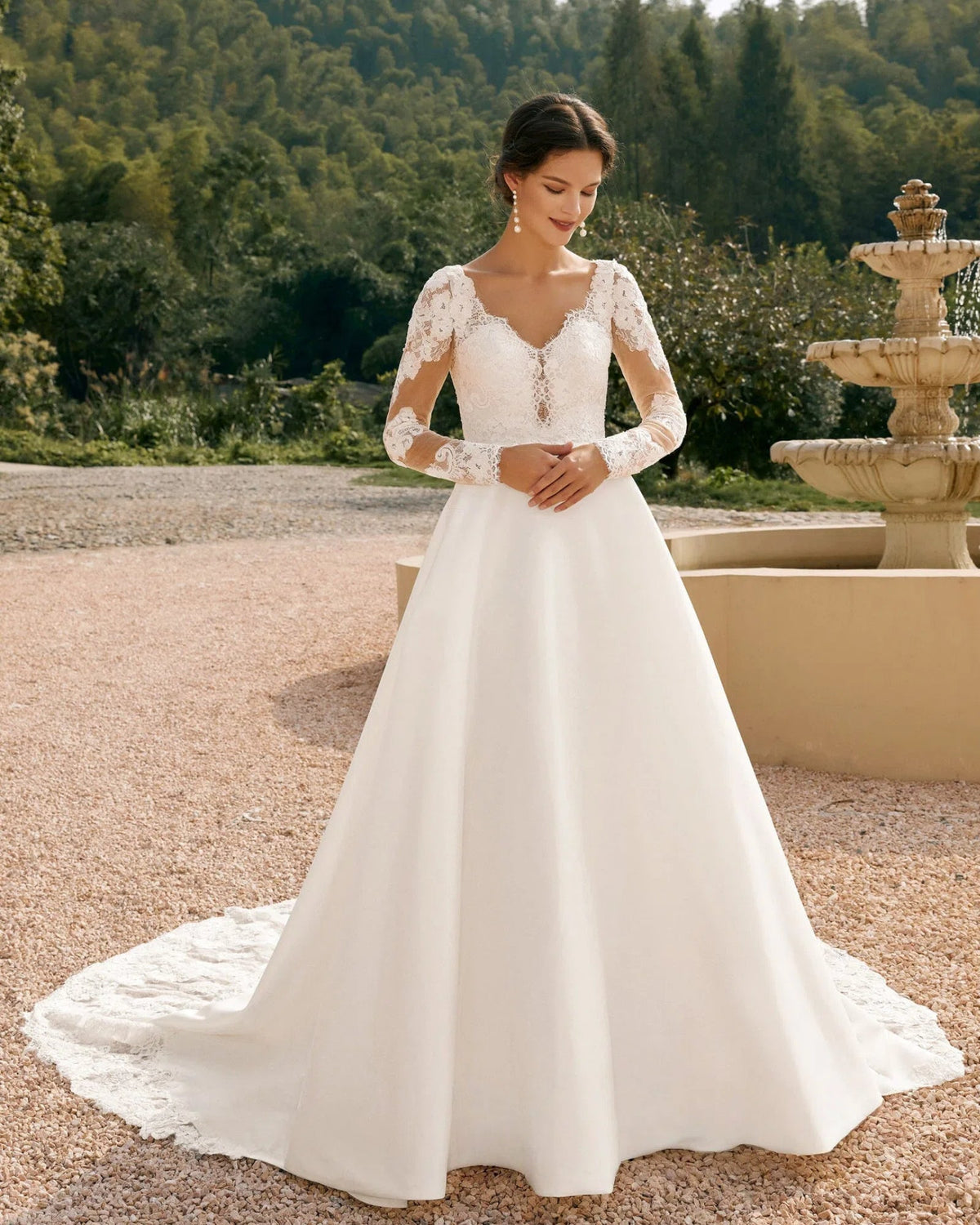 long sleeve lace bodice satin a-line wedding dress - image 2