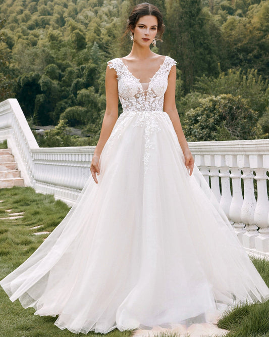 sleeveless v-neck lace tulle a-line wedding dress - image 2