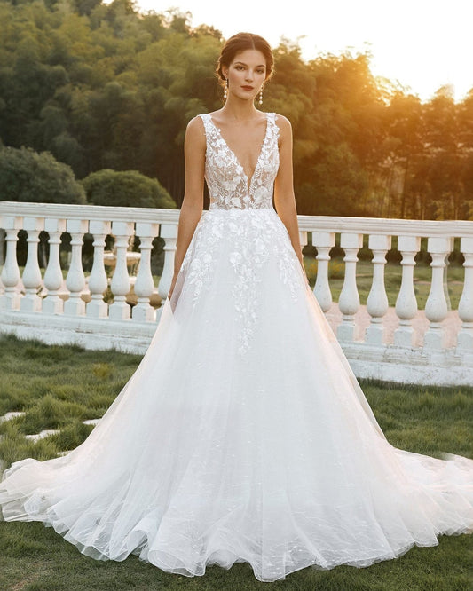 plunging v-neck lace tulle ball gown wedding dress - image 2