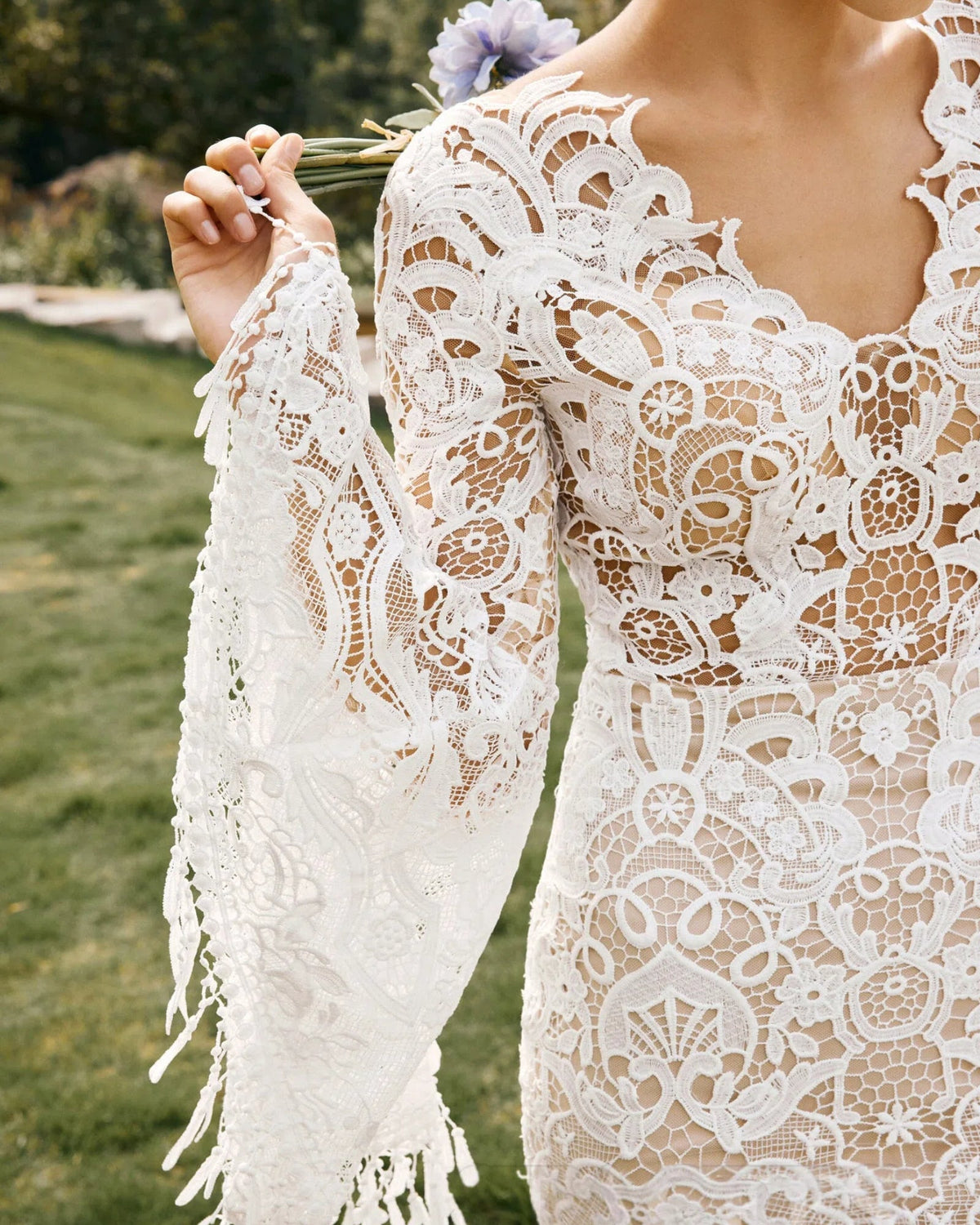 fringe bell sleeve lace mermaid wedding dress - image 2