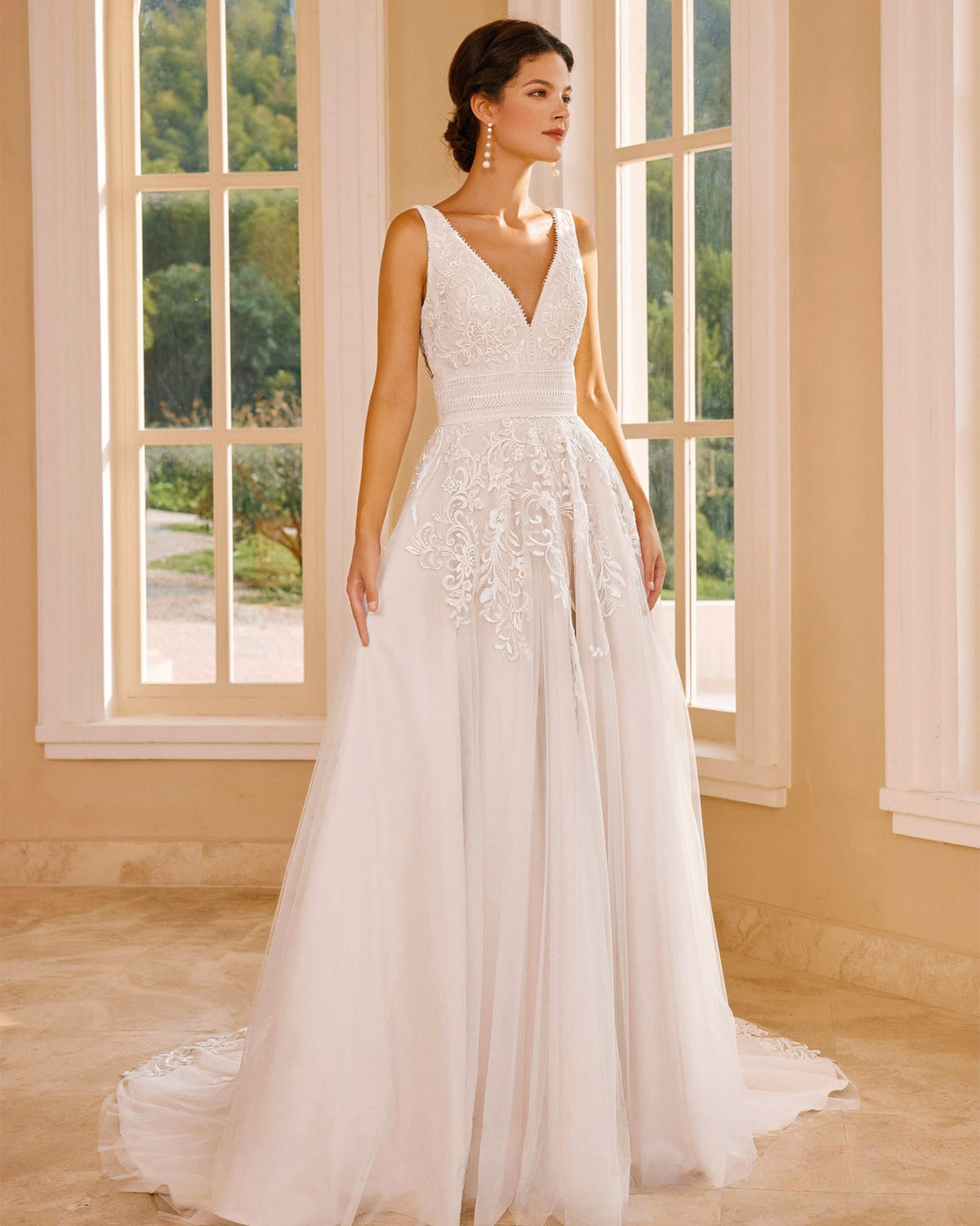 sleeveless v-neck lace tulle chapel train wedding dress - image 2